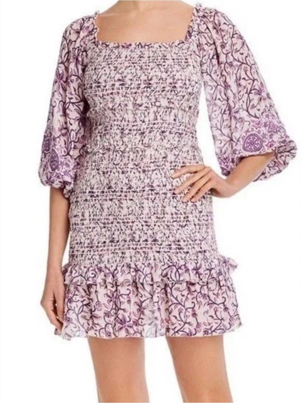 Saylor Wynnie Dress M Purple Floral Smocked Puff Sleeve Anthropologie Read